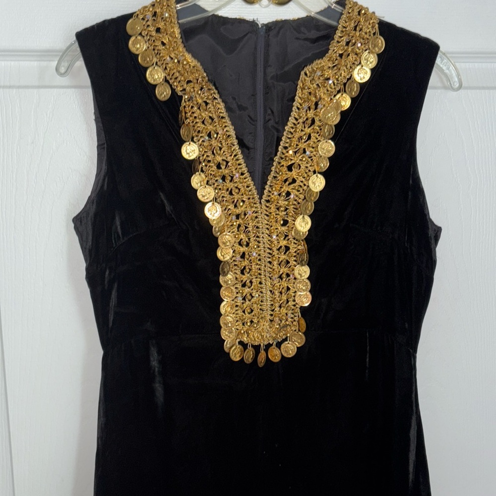 Black Velvet, Moroccan Dress With Beaded Jewels And Gold Colored Coins